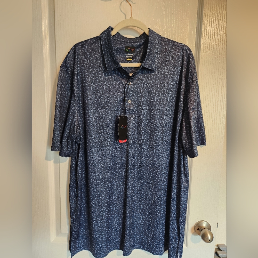 NWT Greg Norman Navy‎ Blue Shark Polo Shirt XXL UPF Short Sleeve Golf Athleisure